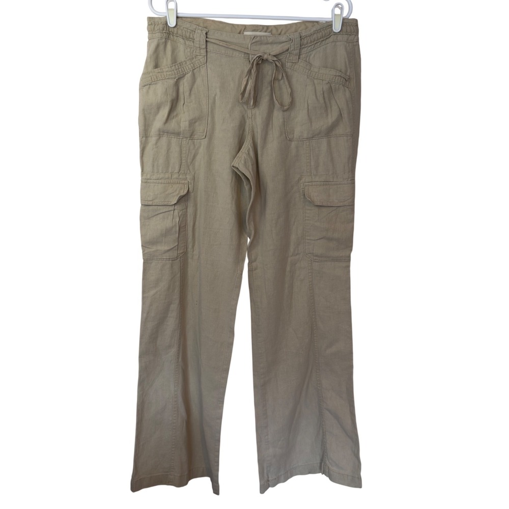 Old Navy Women's Lightweight Khaki Cargo Linen Blend Wide Leg Pants Size 12 Y2K